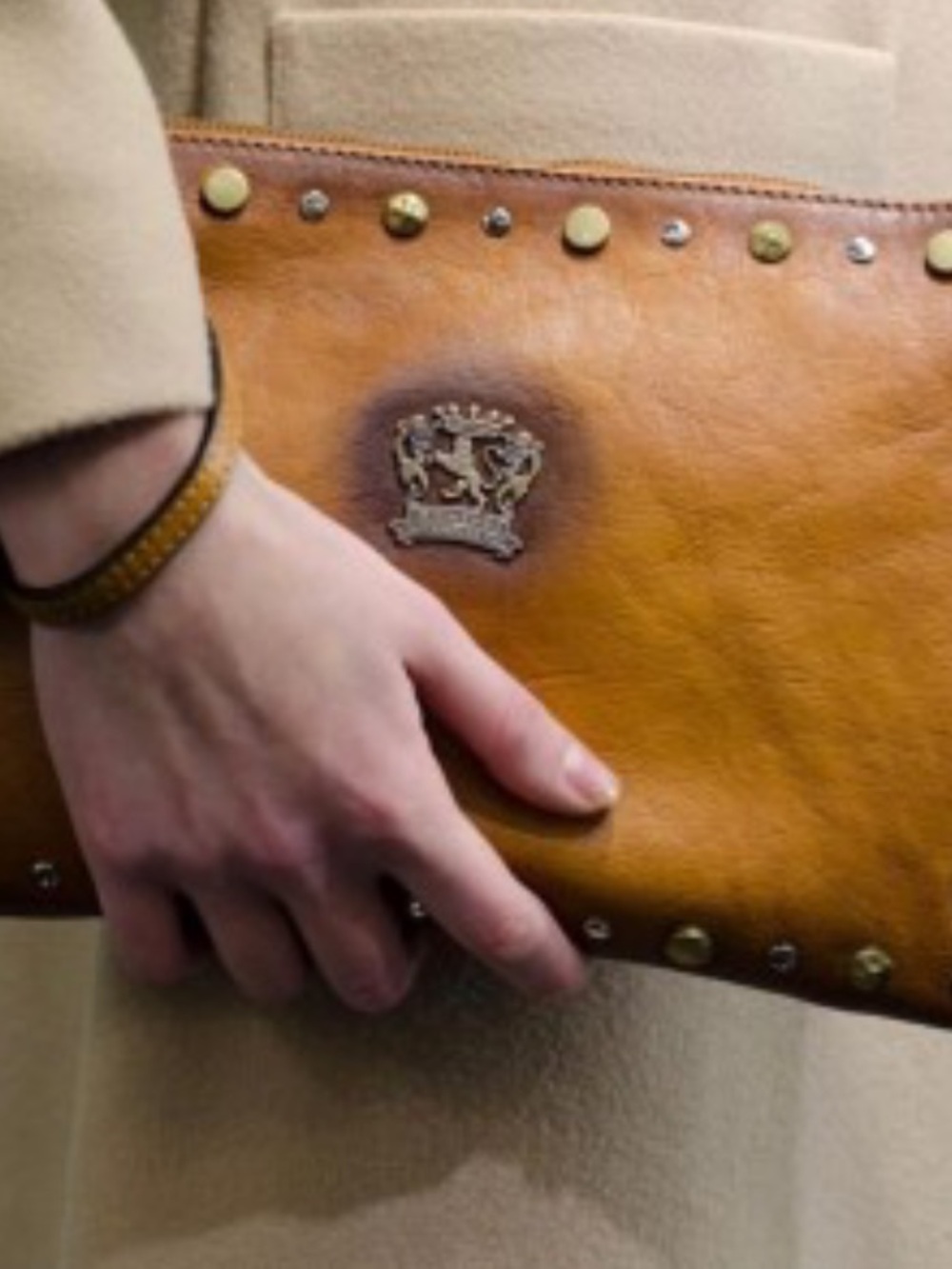 Pratesi Firenze Leather Studded Clutch in Cognac Brown